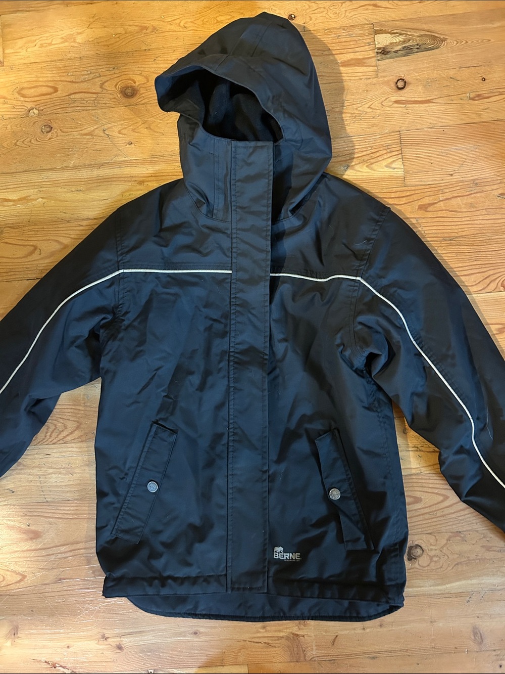 BERNE Kids' Black Hooded Rain Jacket with Reflective Piping
